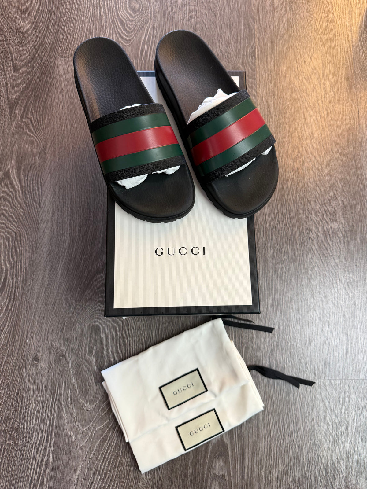 Gucci Web Stripe Black Rubber Slide Sandals w/ Box size 9