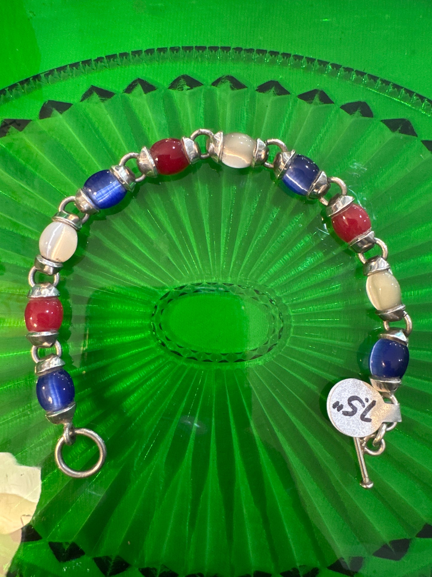 .925 Sterling Silver red white blue barber stone bracelet 7.5”