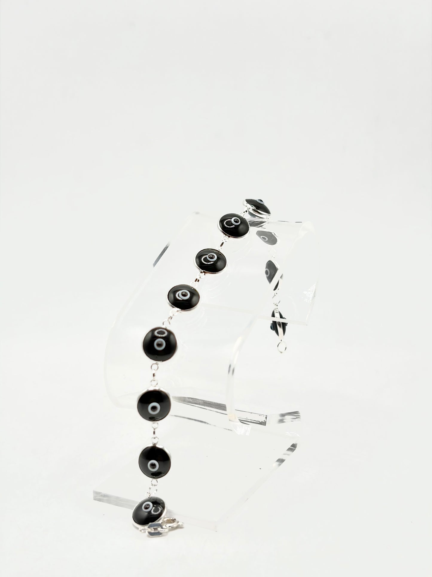 .925 Sterling Silver Evil Eye Bracelet Black 7in