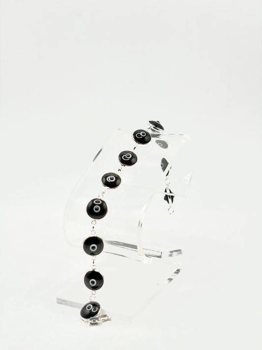 .925 Sterling Silver Evil Eye Bracelet Black 7in