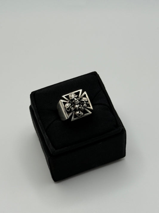 .925 Sterling Silver Skull Cross Iron Cross Biker Ring Sz 13