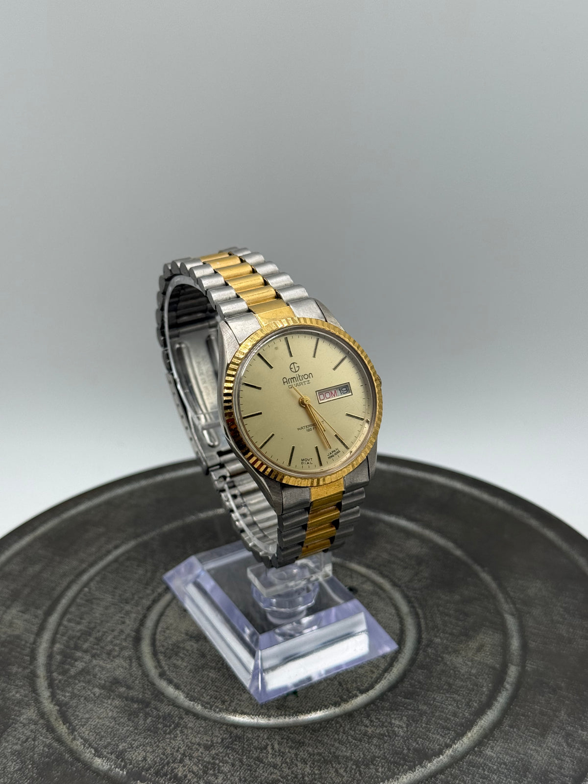 Vintage Armitron Datejust Quartz Two Tone Watch with Gold Dial & Day Date