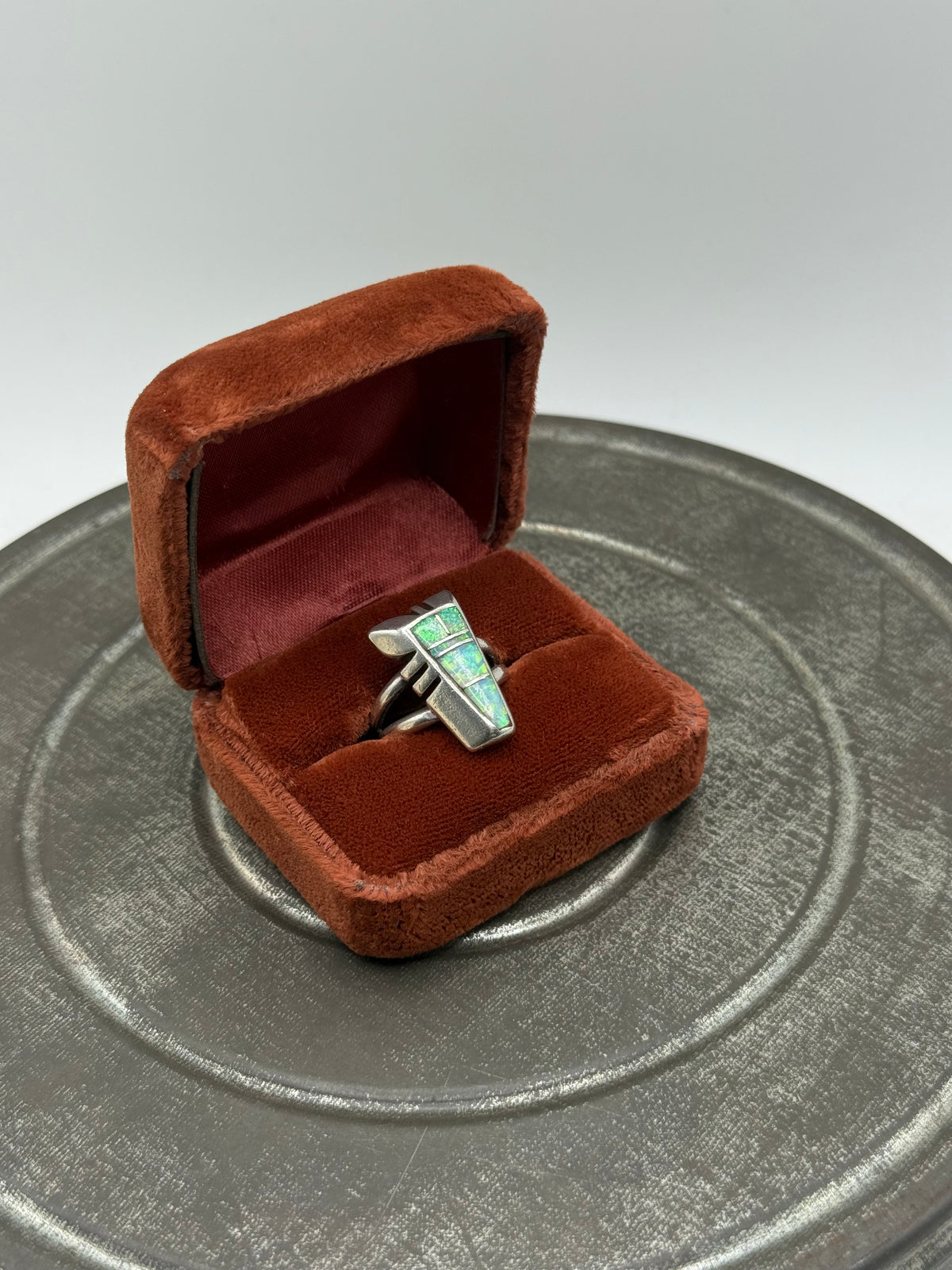 .925 Sterling Silver Green Opal Look Geometric Statement Ring – Sz. 7