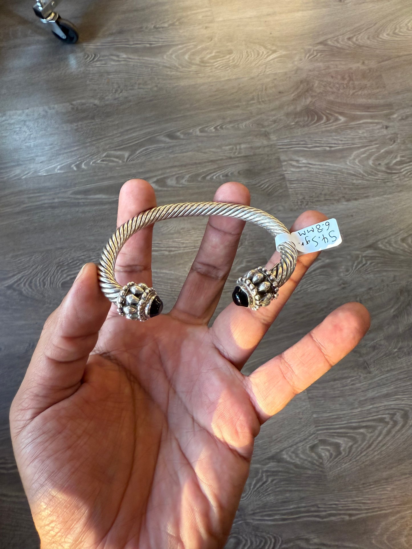 .925 Sterling solid silver onyx cuff bracelet bangle  8”