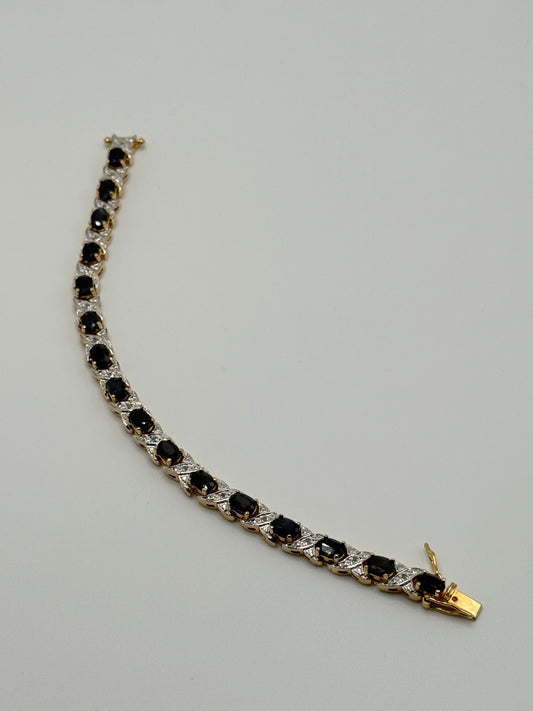 .925 Sterling Silver Black Onyx CZ Tennis Style Bracelet Gold Vermeil 7”