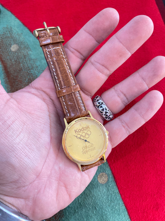 Vintage Kodak Gold Tone Brown Leather Band Watch