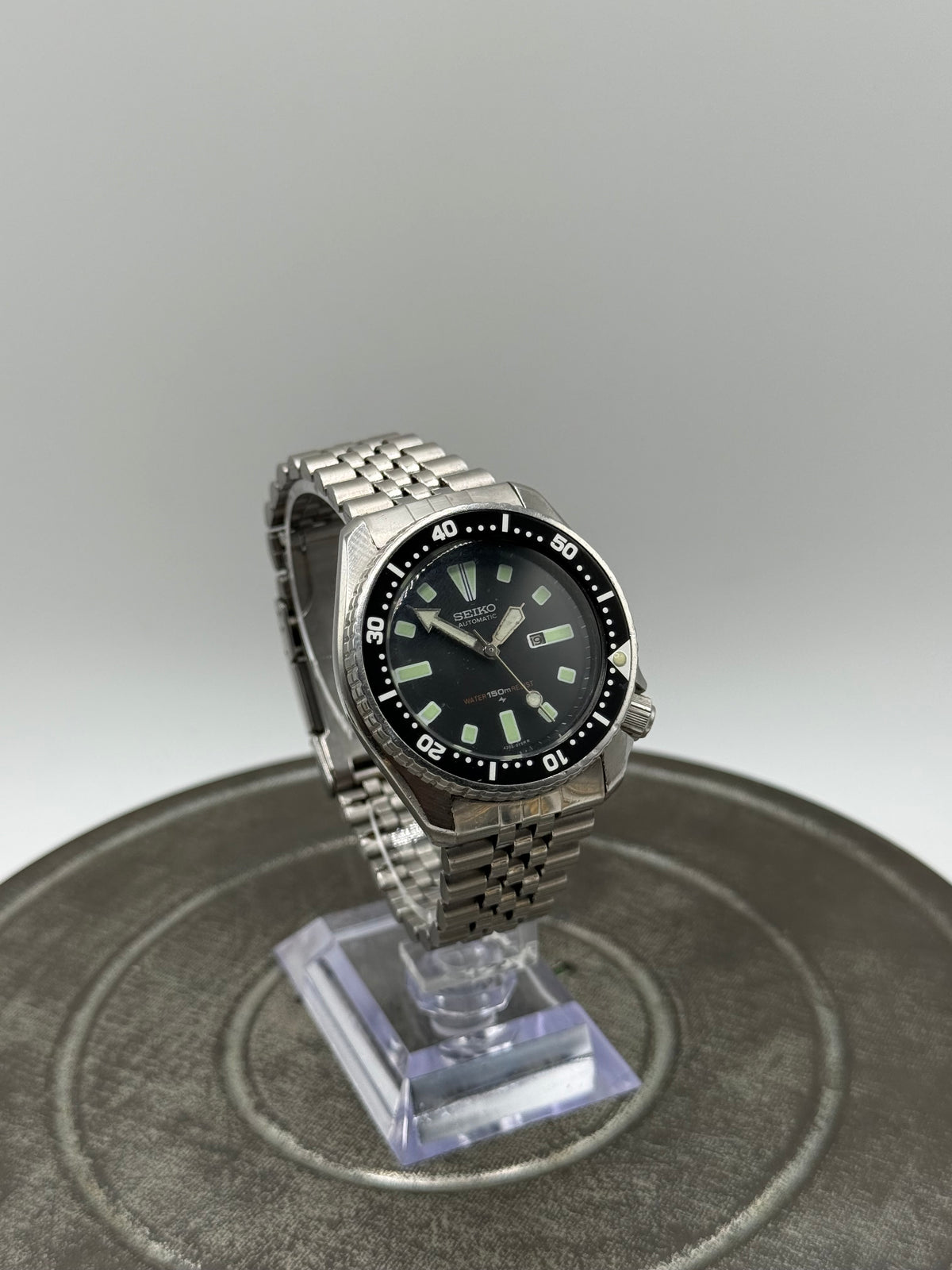 Vintage Seiko Automatic Diver Scuba Watch with Black Dial & Stainless Steel Bracelet