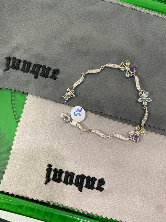 .925 Sterling Silver Heart Gemstone Flower Link Multi Collr Bracelet 7.5”
