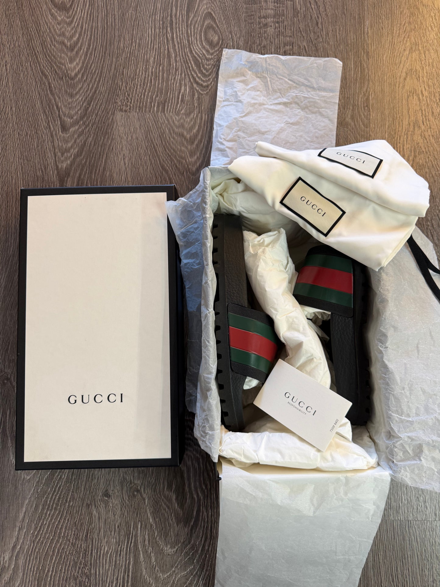 Gucci Web Stripe Black Rubber Slide Sandals w/ Box size 9