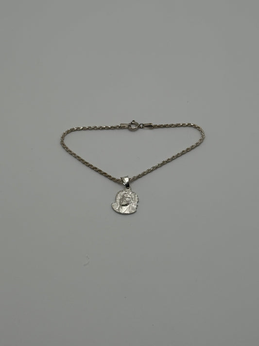 .925 Sterling Silver Jesus Head Pendant Rope Chain Necklace 7”