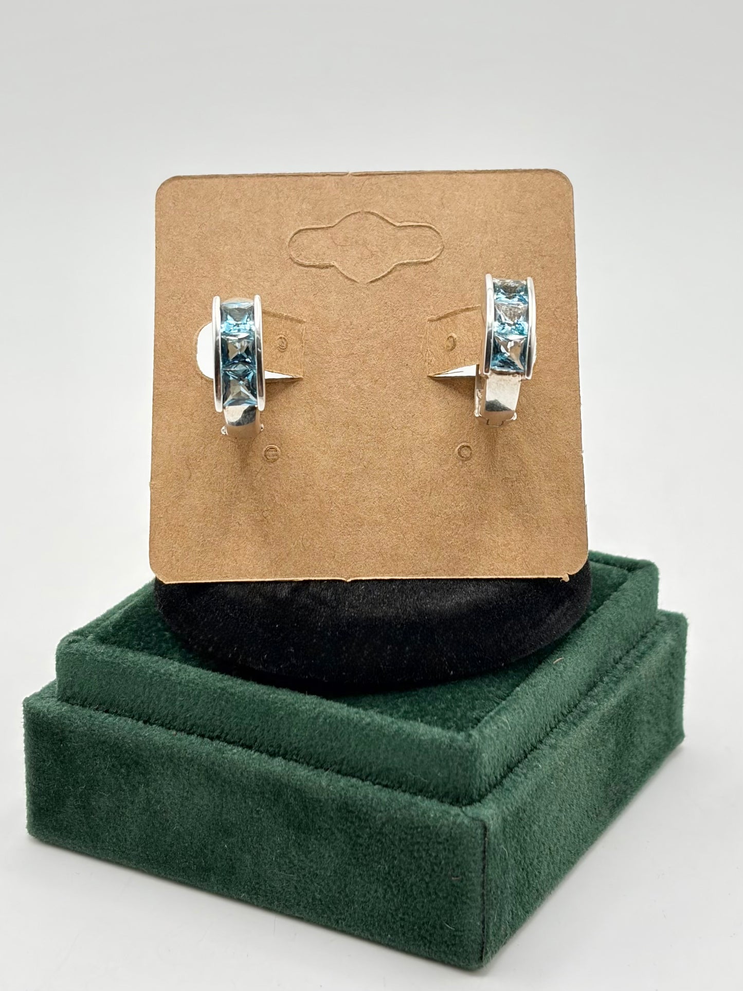 .925 Sterling Silver with Aquamarine Stone Small Hoop Earrings