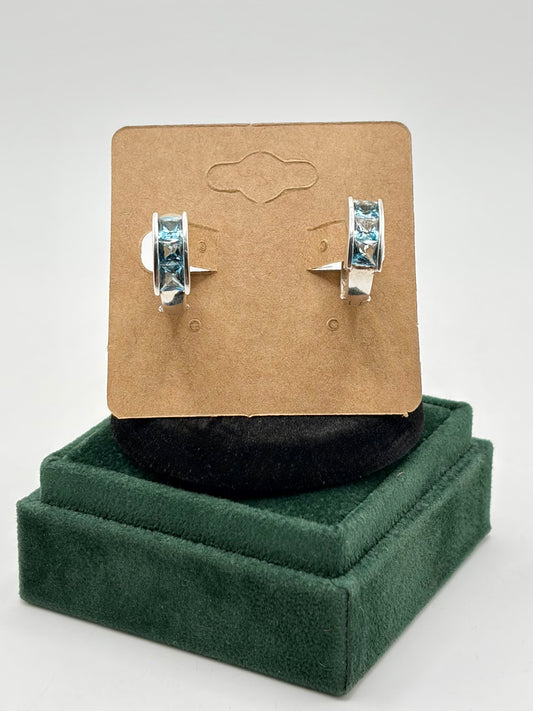 .925 Sterling Silver with Aquamarine Stone Small Hoop Earrings