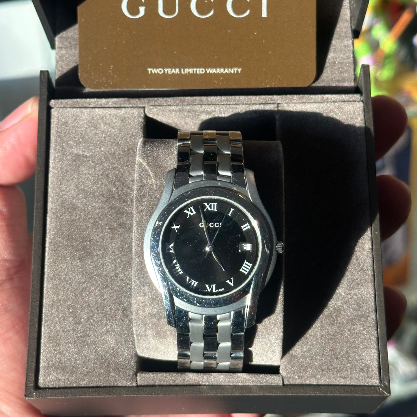 Gucci Stainless Steel Black Dial Watch w/ Roman Numerals & Date - Swiss
Made