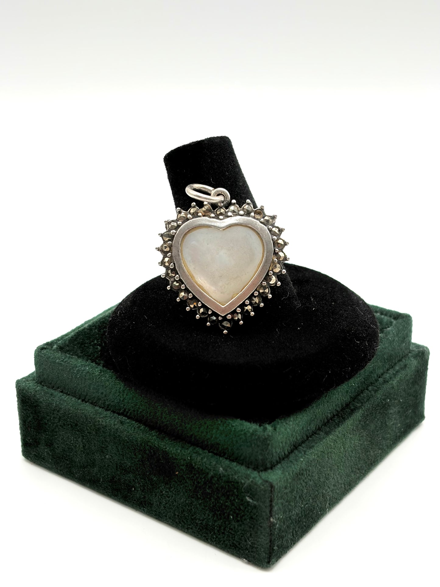 .925 Sterling Silver Mother of Pearl Heart Pendant with Marcasite Accents