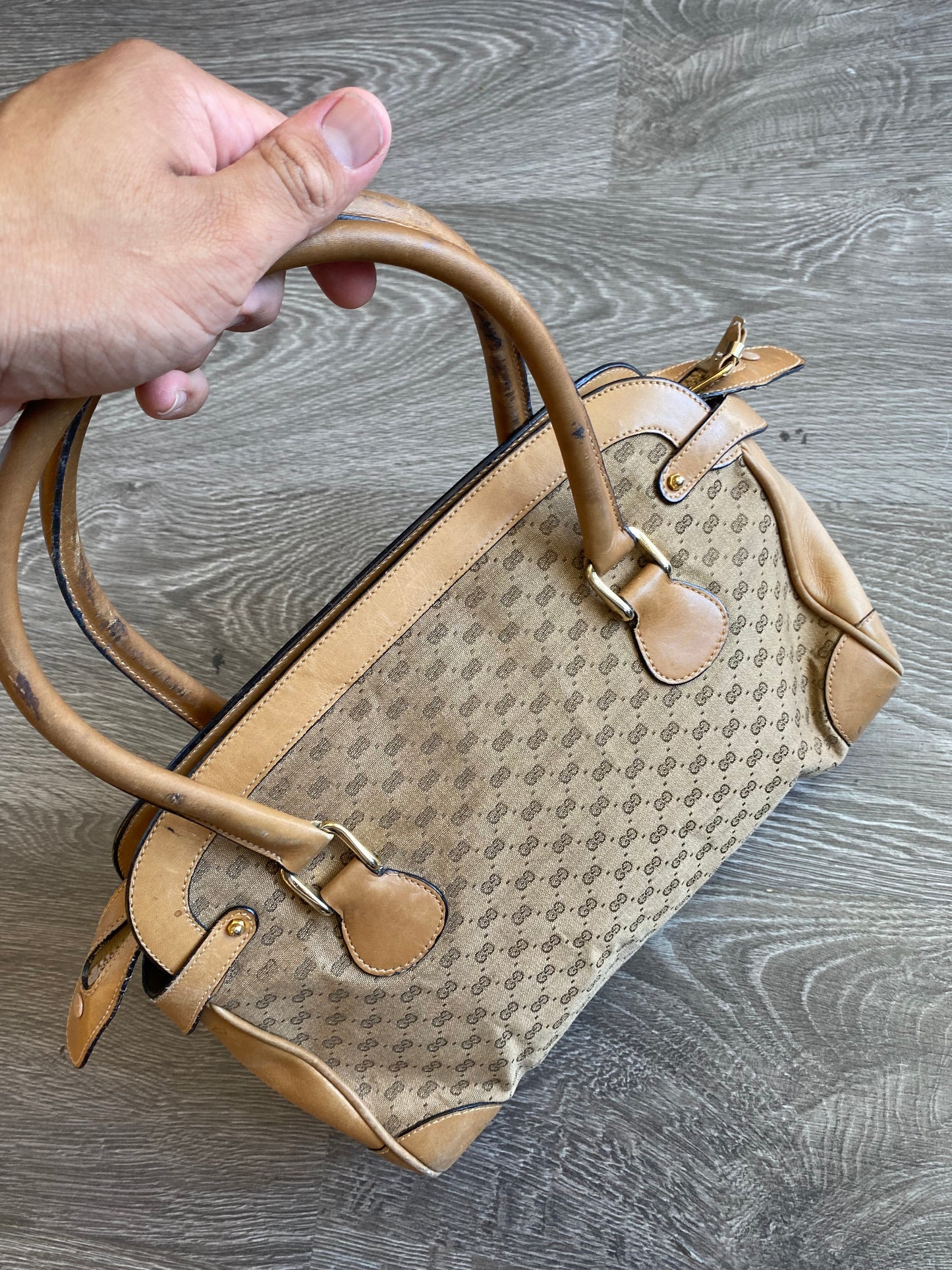 Vintage Gucci Micro GG Canvas Top Handle Leather Hand Bag Handbag Purse Light Brown