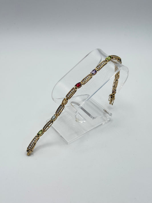 .925 Sterling Silver Gold-Tone Multi Gem Link Bracelet Sz. 7.5in