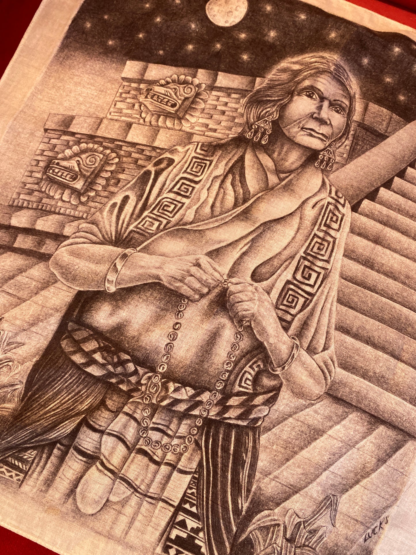 Vintage Prison Art Lady Senora Aztec Pyramid Mexico Mexican Pen On Bandana Handmade Artwork