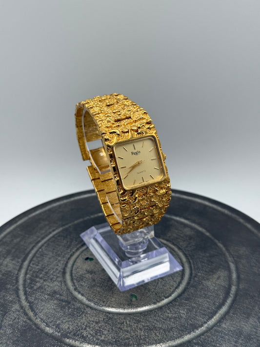 Vintage Regis Gold Tone Nugget Bracelet Watch with Square Dial