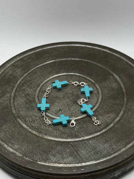 .925 Sterling Silver Turquoise Cross Link Bracelet