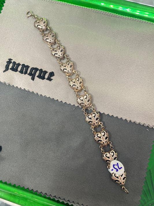 .925 Sterling Silver Floral Heart Bracelet Sz 7.5”
