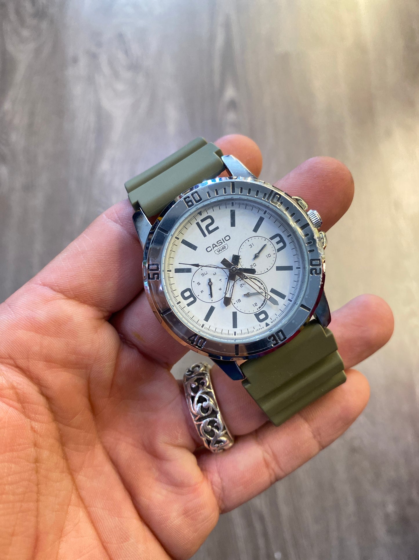 Casio Silver White Dial Olive Band Chronographs Watch