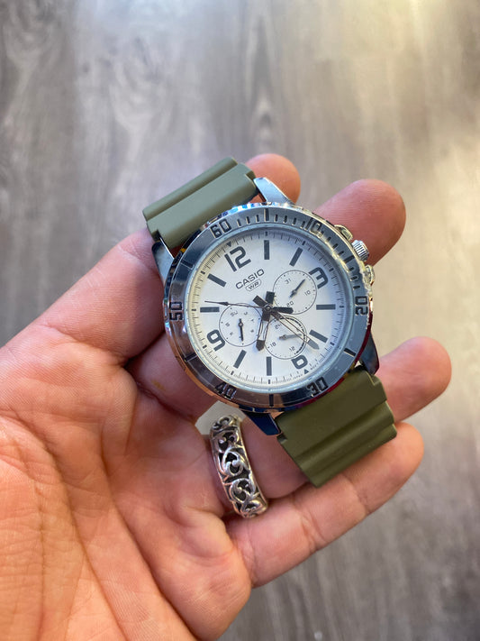 Casio Silver White Dial Olive Band Chronographs Watch