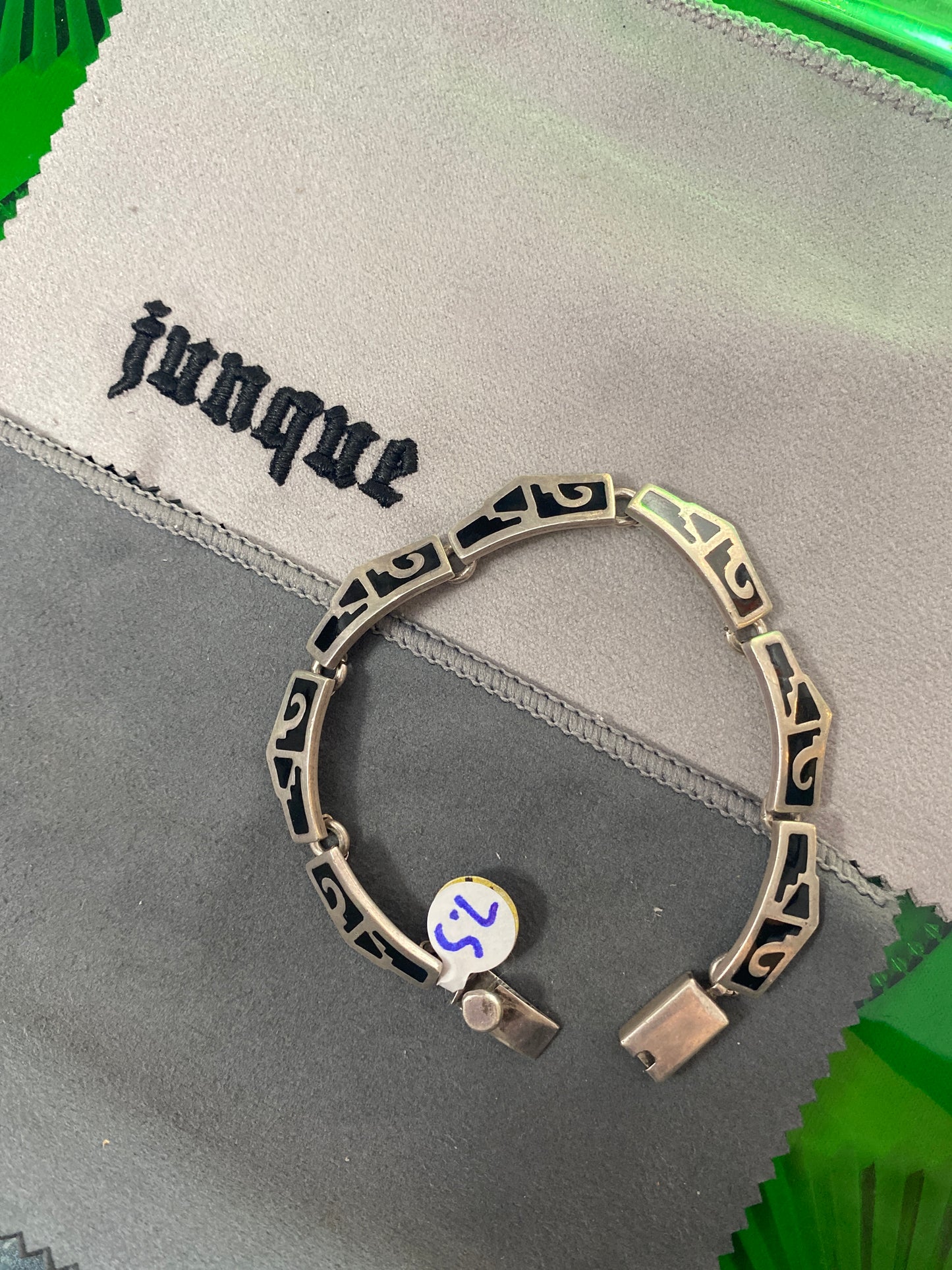 .925 Sterling Silver Onyx Aztec Style Bracelet Sz 7.5