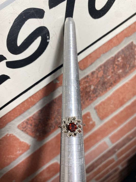 .925 Sterling Silver Ruby Flower Cocktail Ring Sz 7.5”