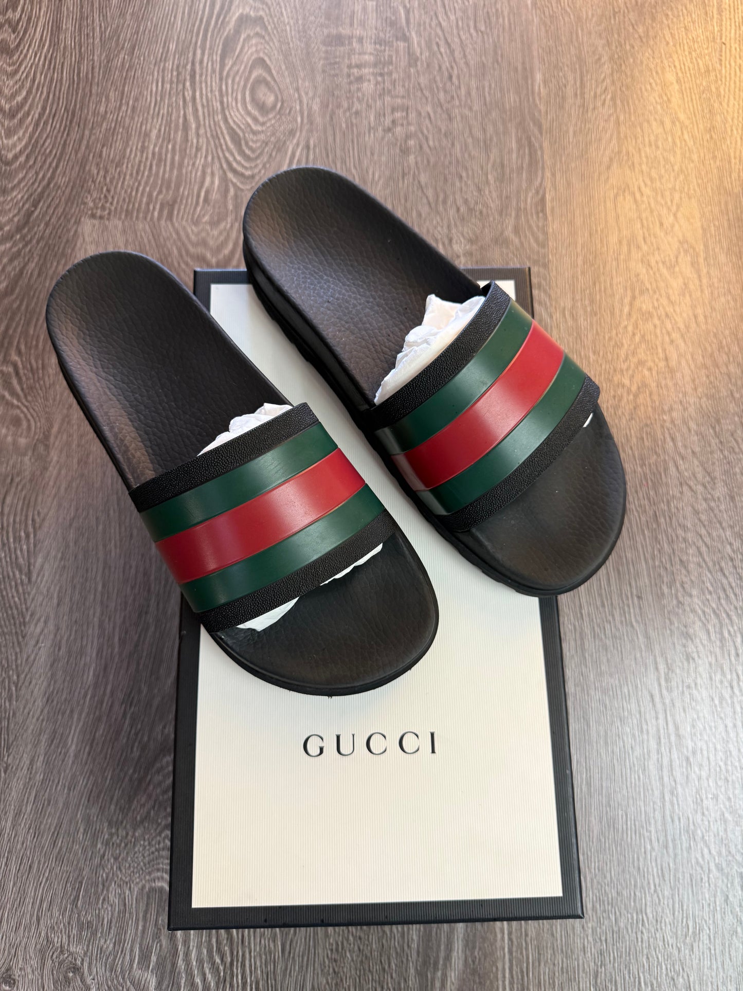Gucci Web Stripe Black Rubber Slide Sandals w/ Box size 9