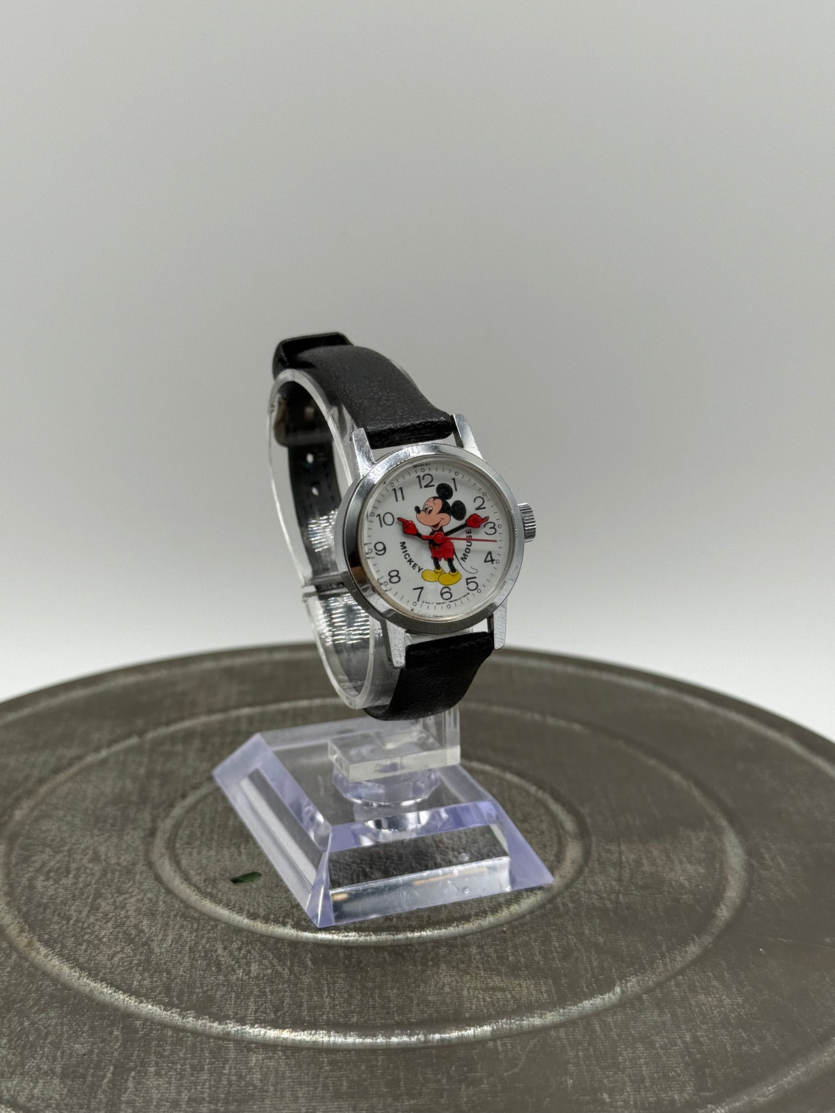 Vintage Disney Mickey Mouse Character Watch Black Leather Strap windup