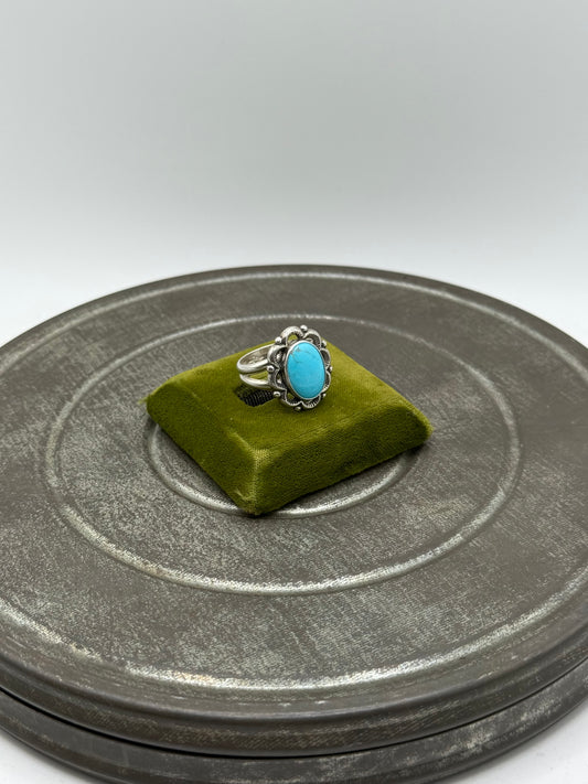 .925 Sterling Silver Oval Turquoise Statement Ring – Southwestern Navajo Style Sz. 7.5”