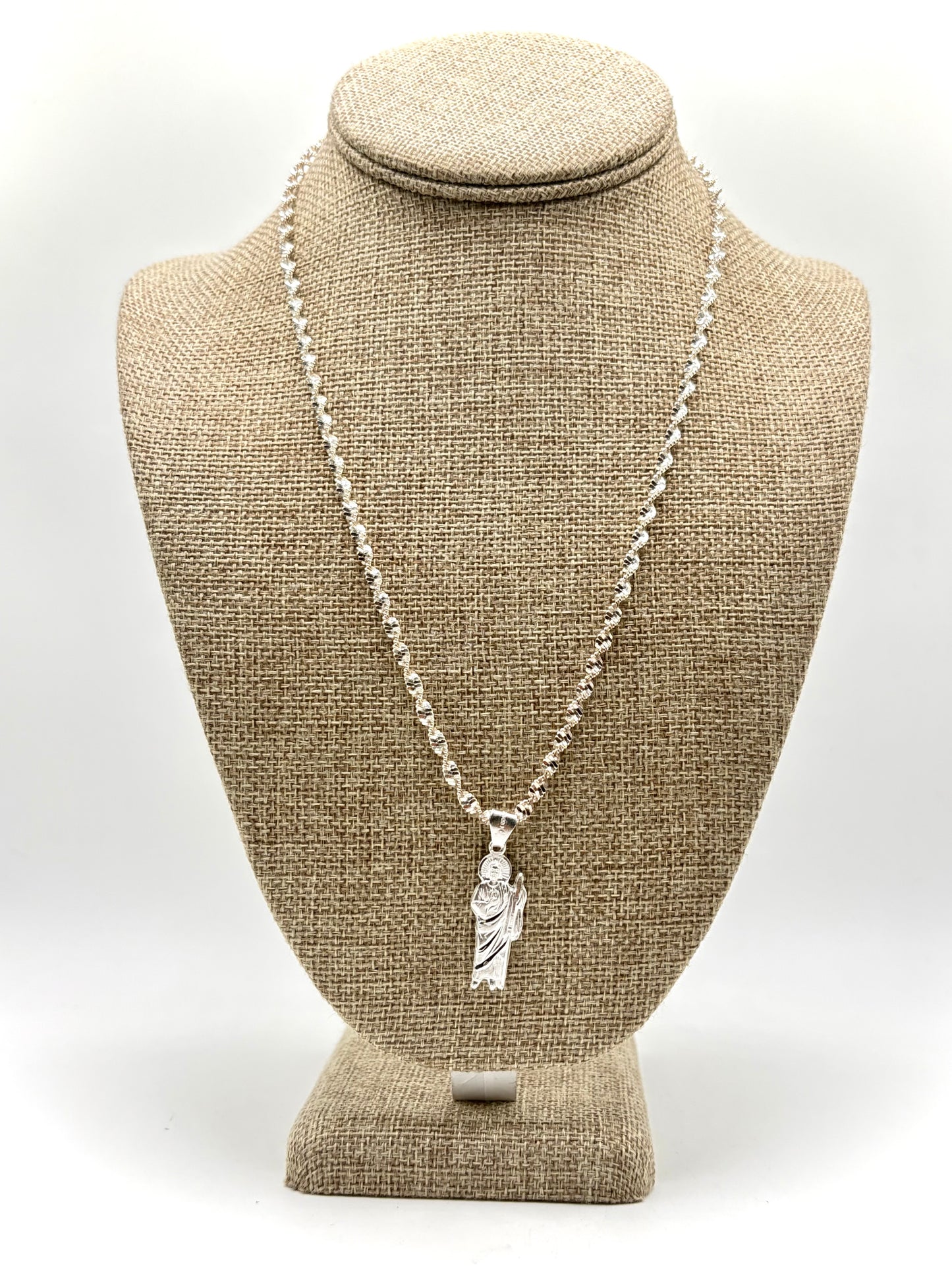.925 Sterling Silver Twist Rope Necklace with San Judas Pendant 20”