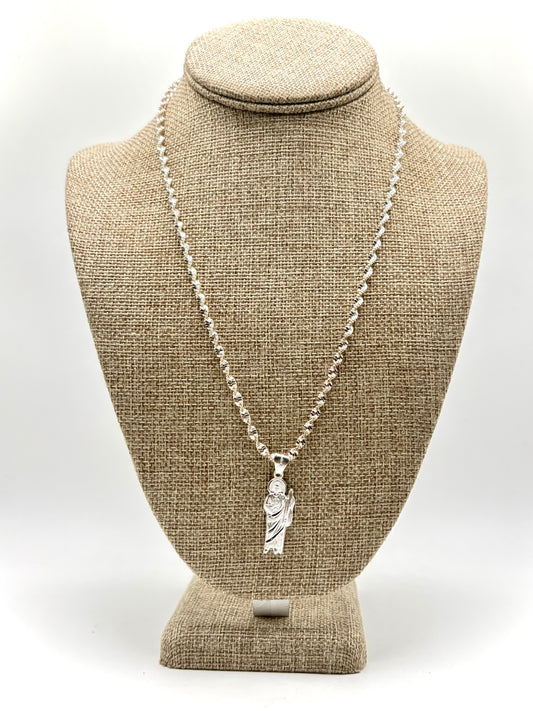 .925 Sterling Silver Twist Rope Necklace with San Judas Pendant 20”