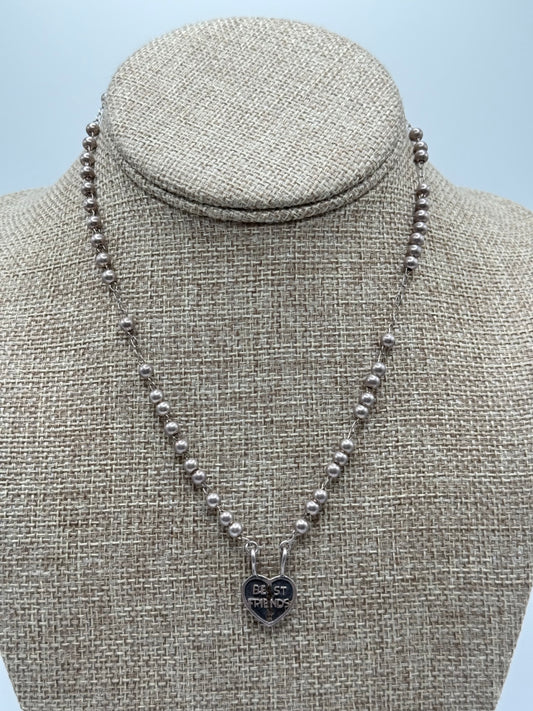 .925 Sterling Silver Beaded “Best Friends” Heart Pendant Necklace Sz. 16in