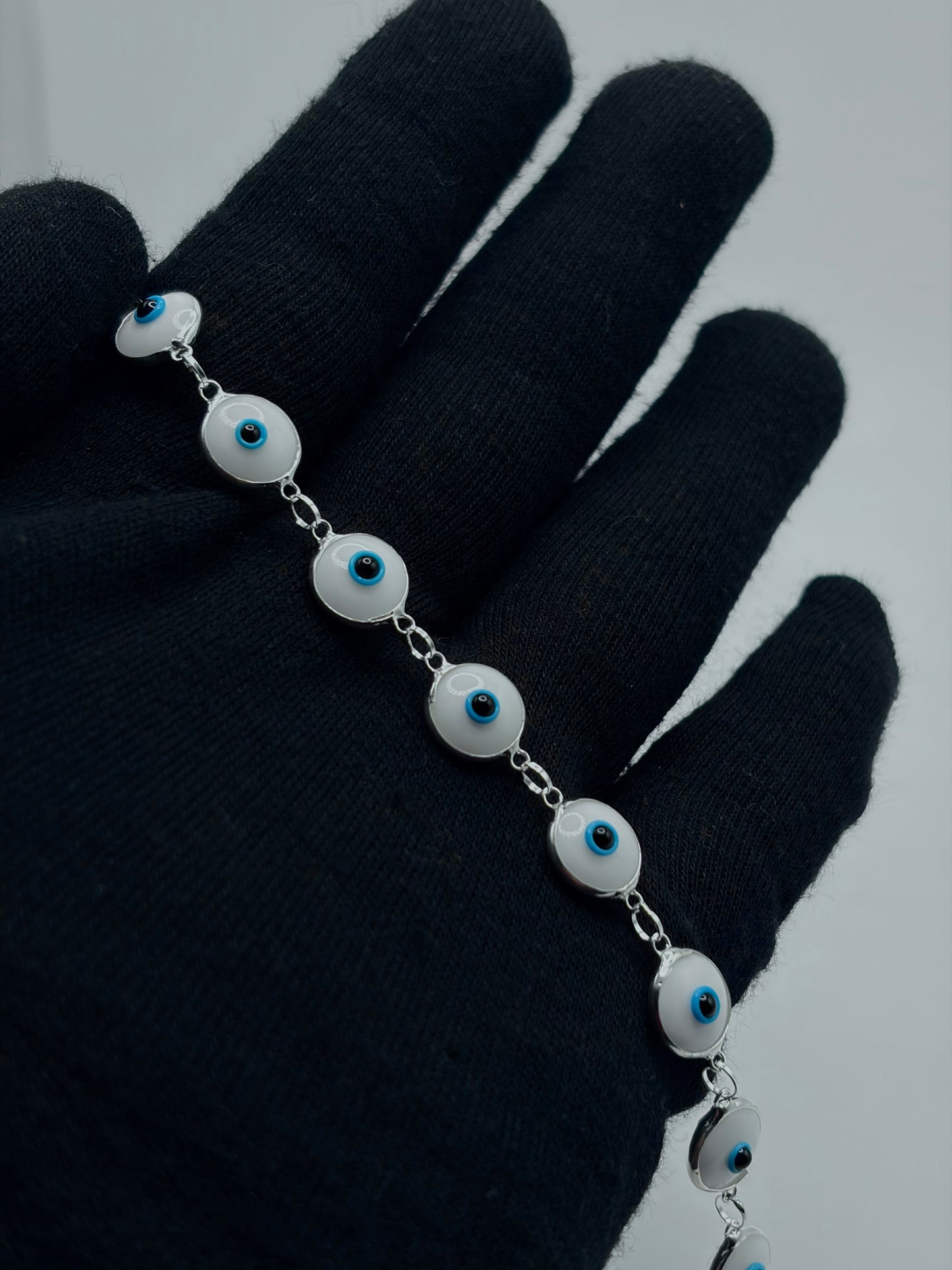 .925 Sterling Silver Evil Eye Bracelet White 7in