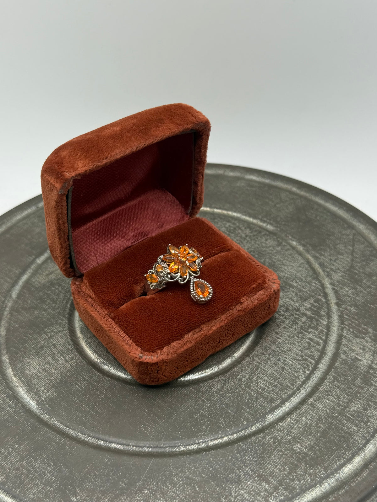 .925 Sterling Silver Orange Crystal Floral Statement Ring – Sz. 6