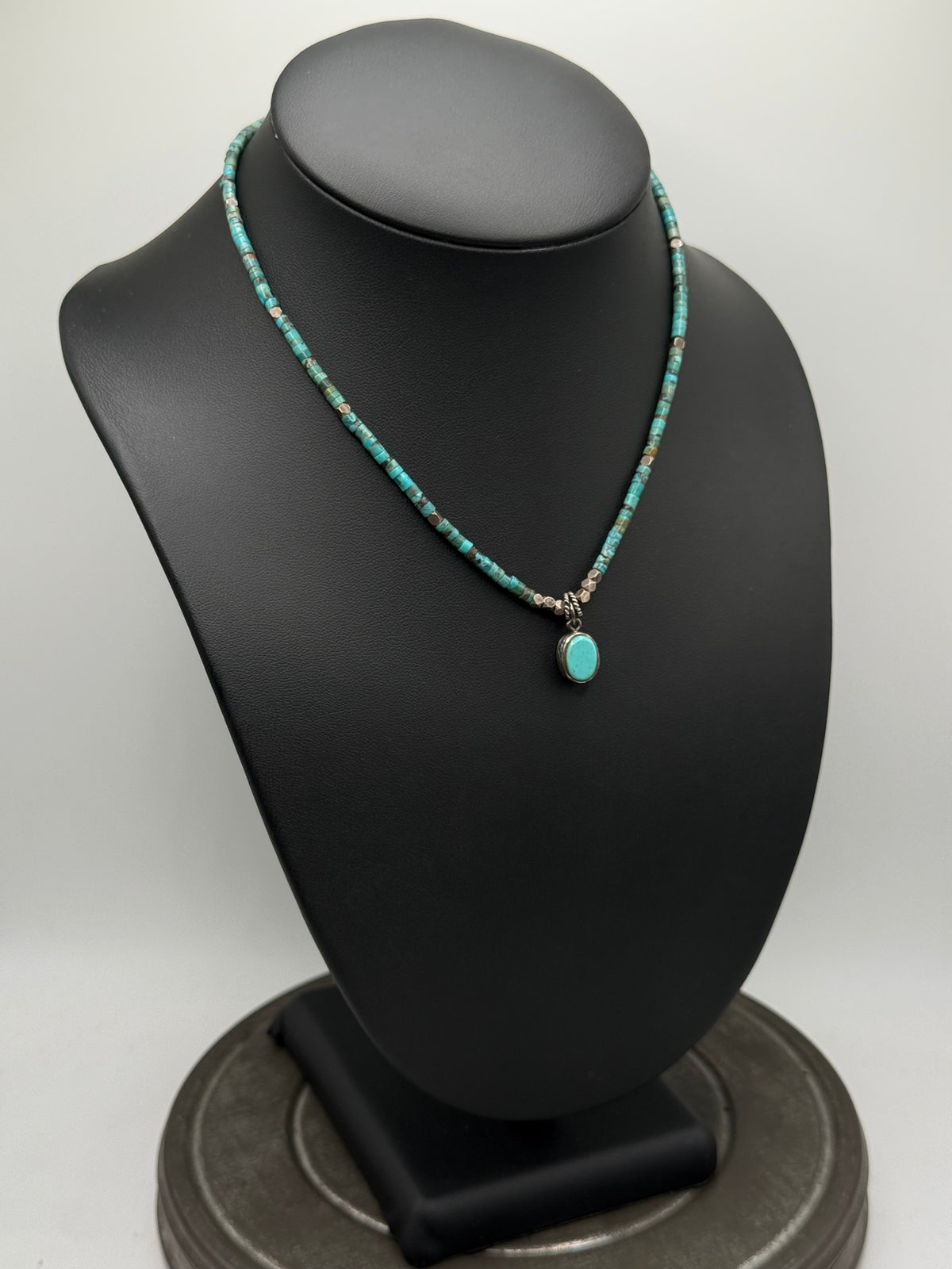 .925 Sterling Silver Turquoise Heishi Bead Necklace with Oval Turquoise Pendant – Southwestern Style Navajo (adjustable) 17”