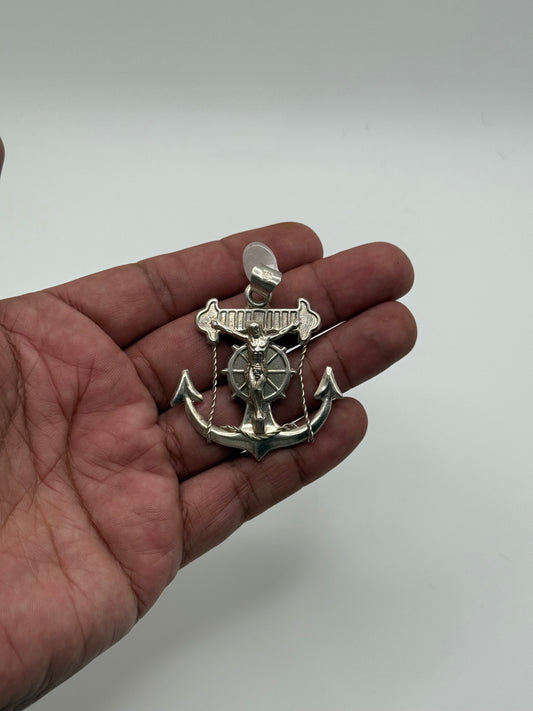 .925 Sterling Silver Large Nautical Anchor Crucifix Pendant Jesus