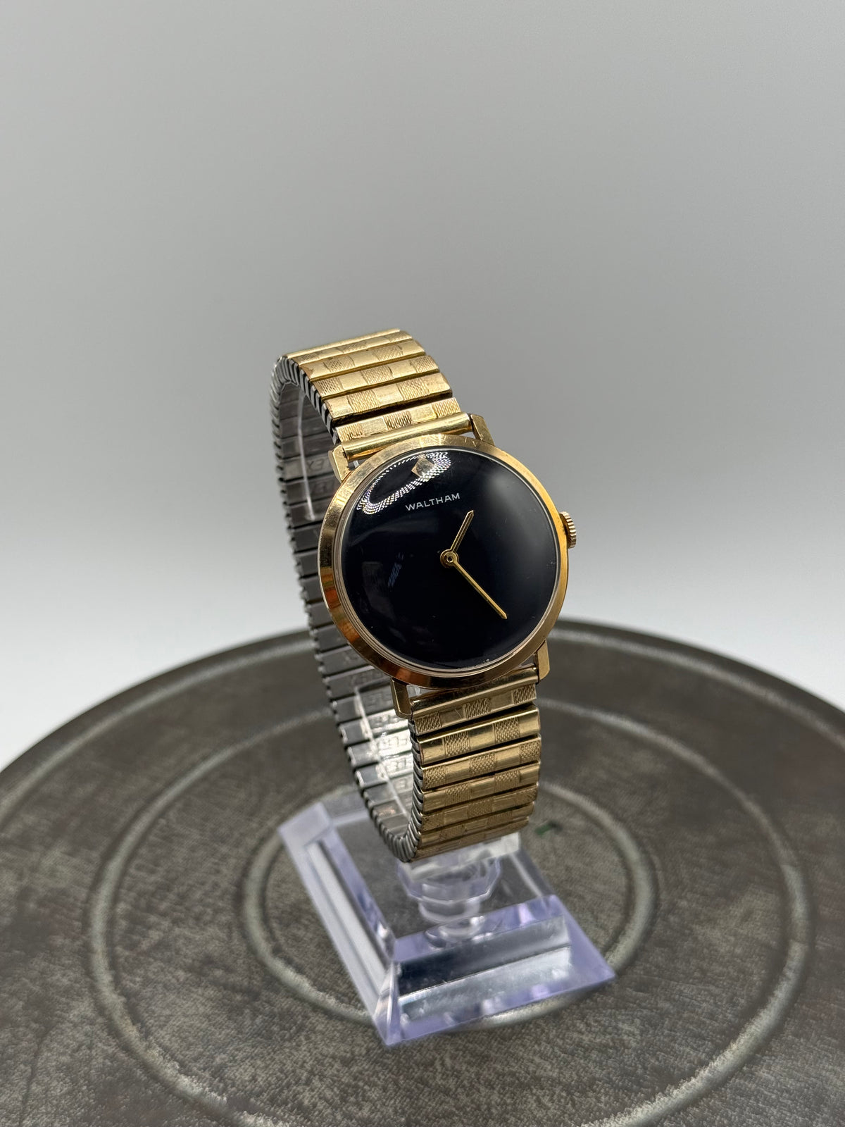Vintage Waltham Gold Tone Minimalist Watch with Black Dial & Expansion Band windup 1970s
