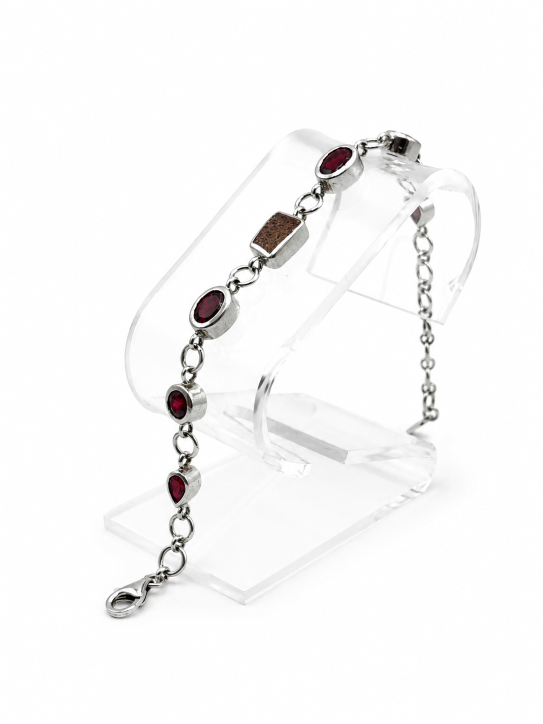 .925 Sterling Silver Garnet & Jasper Link Bracelet Size 8in