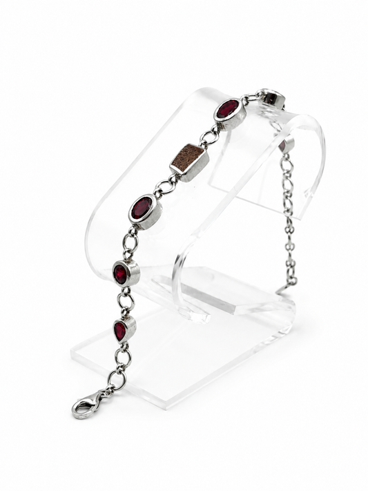.925 Sterling Silver Garnet & Jasper Link Bracelet Size 8in