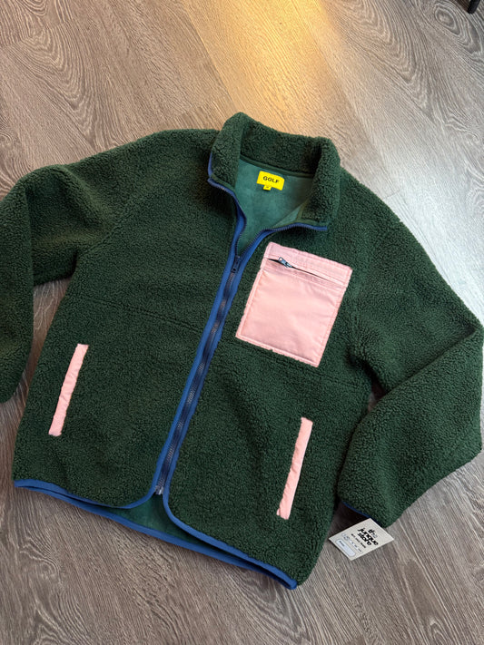 GOLF WANG Green Sherpa Fleece Full Zip Jacket – Pink Pocket – Men's Sz. M