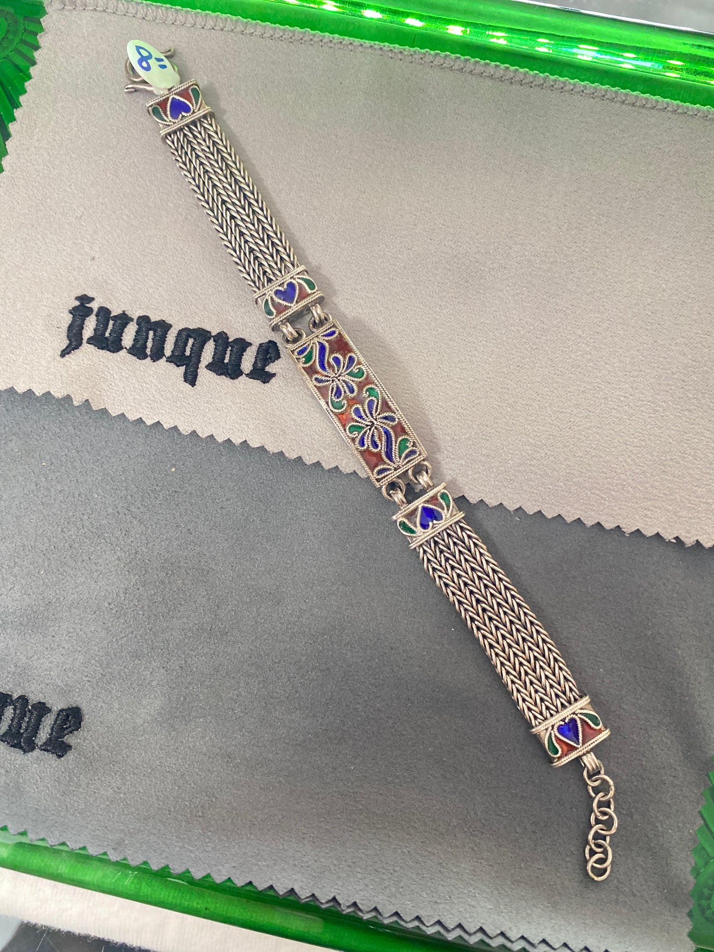 .925 Sterling Silver Saphire Emerald Weave Gemstone Heart Floral ID Bracelet Sz 8”