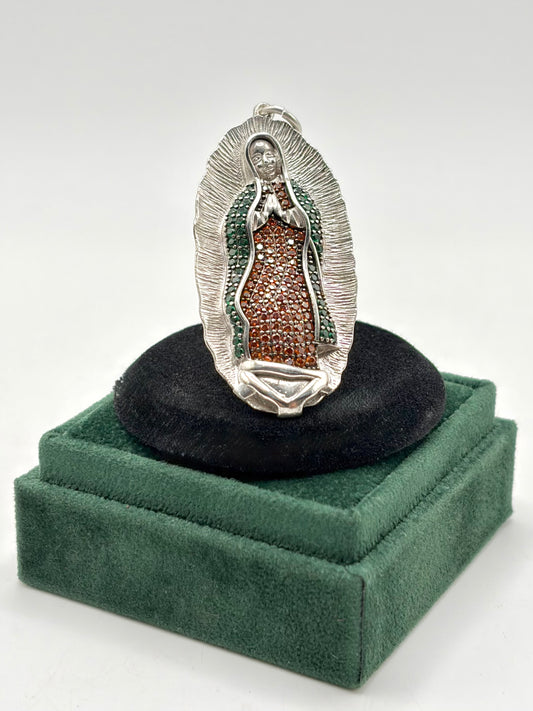.925 Sterling Silver Large Virgin Mary Pendant with Stones