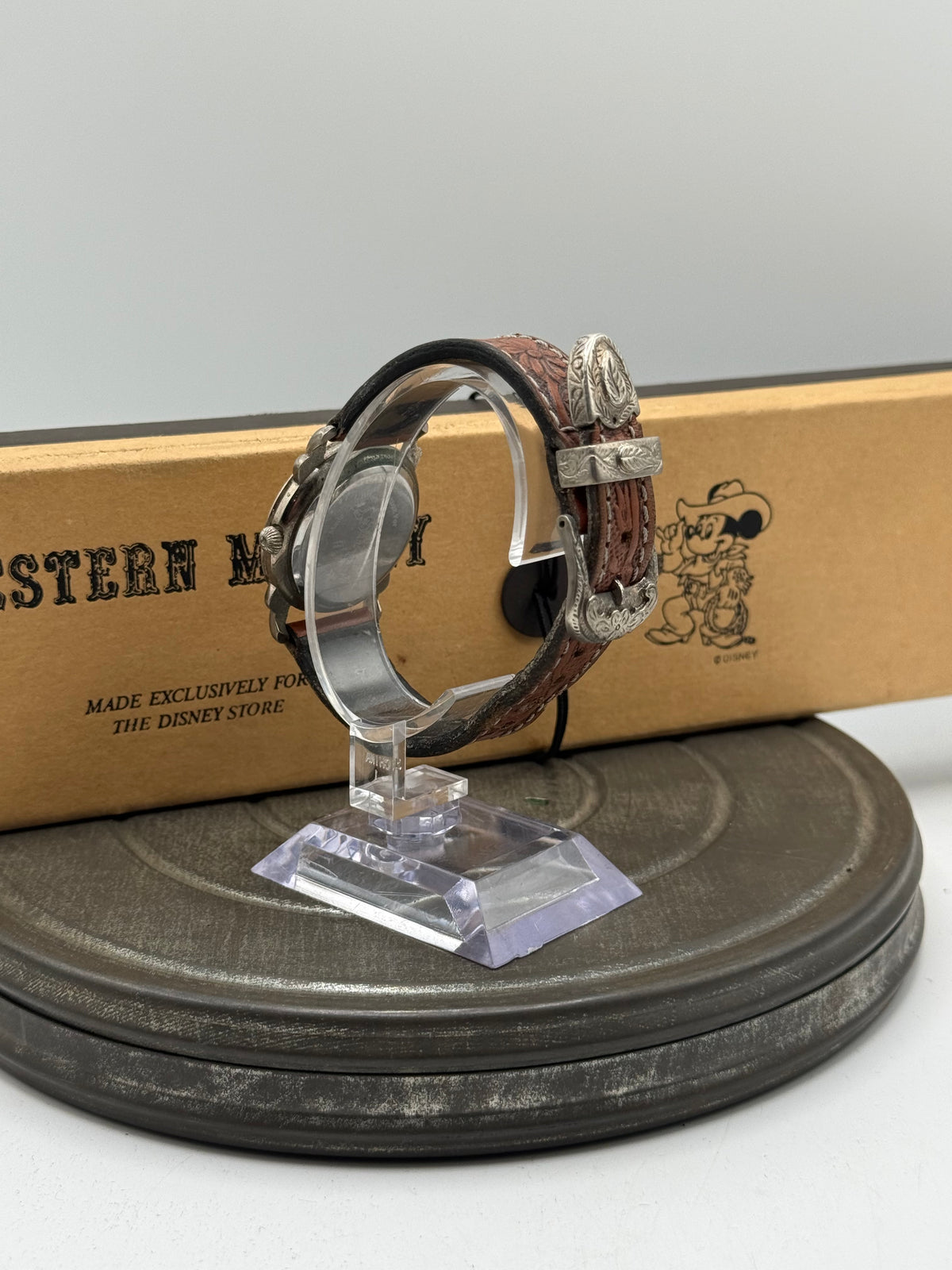 Vintage Disney Western Mickey Mouse Cowboy Watch Tooled Leather Band w/ Box