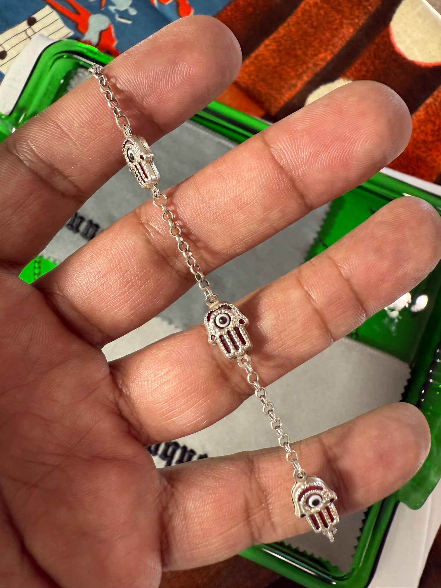 .925 Sterling Silver hamsa hand bracelet 8”