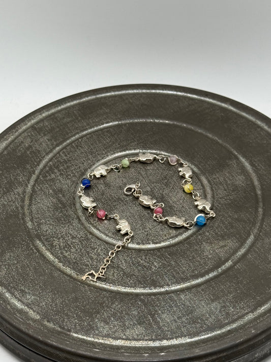 .925 Sterling Silver Elephant & Multicolor Bead anklet sz. 9-10”