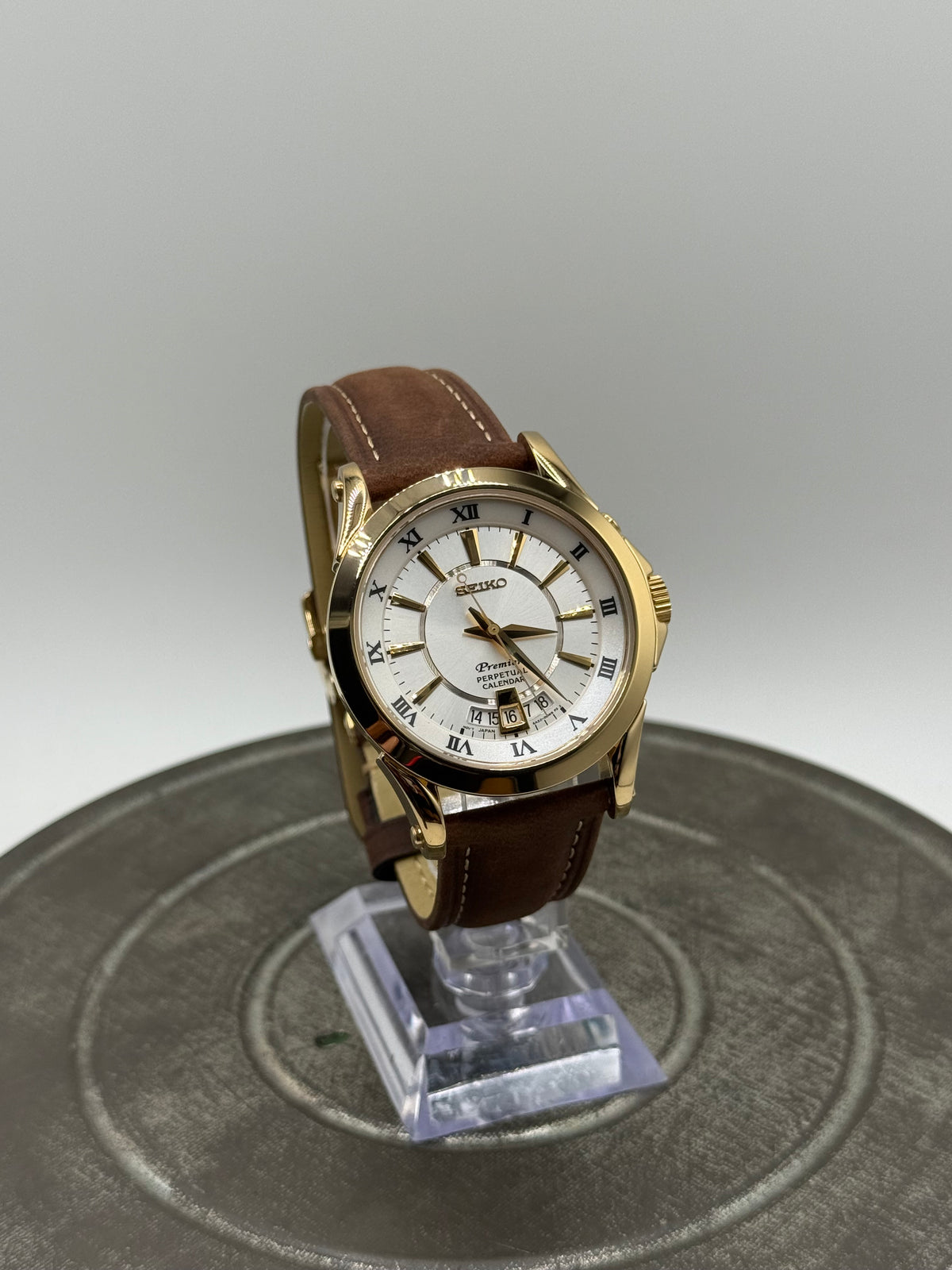 Seiko Premier Perpetual Calendar Watch – White Roman Numeral Dial, Gold Tone Case, Brown Leather Strap