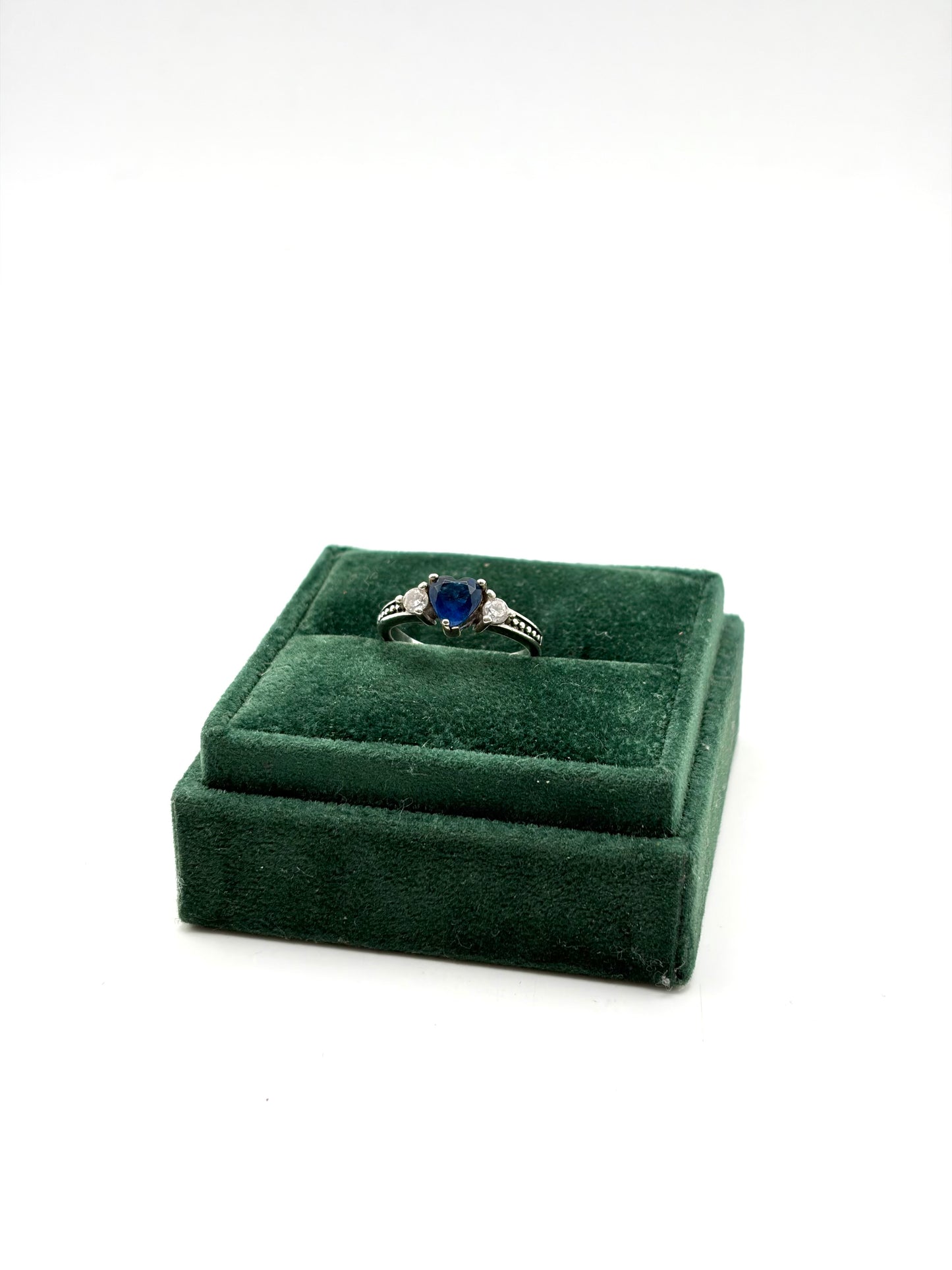 .925 Sterling Silver Blue Heart CZ Three Stone Ring Size 6