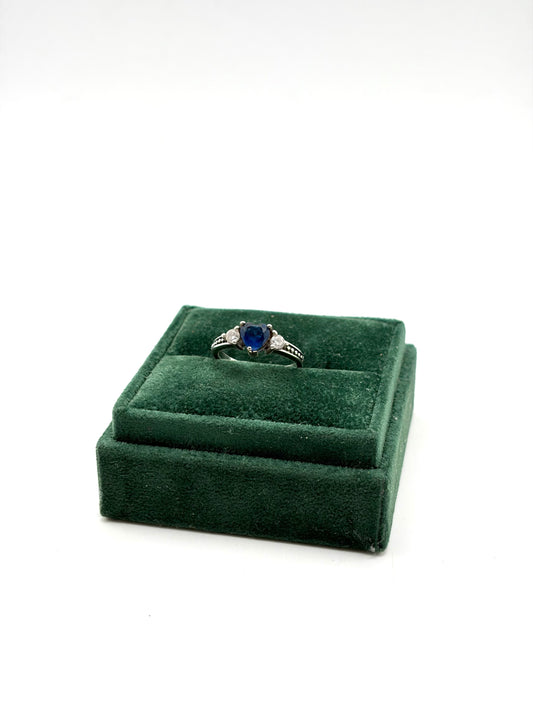 .925 Sterling Silver Blue Heart CZ Three Stone Ring Size 6